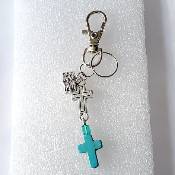 Turquoise & Silver Bible Cross Purse Charm keyring - Picture 4 of 4